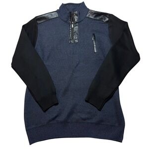 Silver Needle Sweater Mens XL Blue Quarter Zip Faux Leather Trim Mock Neck 6572